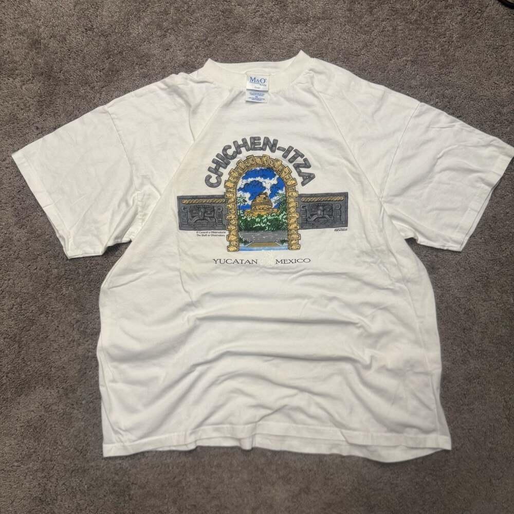 Vintage white tee M&O Knits Chichen-Itza El Caracol Yucatan Mexico T-Shirt Size